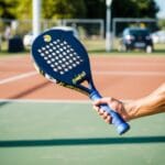 En spiller holder en rundhovedet padelbat klar til at serve på en solrig bane