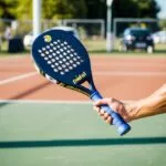 En spiller holder en rundhovedet padelbat klar til at serve på en solrig bane