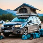 En familiebil dækket af snavs og støv fra en campingtur med tagtelt Bagage og campingudstyr er spredt rundt om bilen