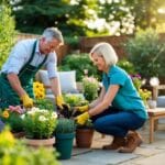 En gartner og boligejer arbejder sammen for at skabe en hyggelig have plante blomster og arrangere siddeområder