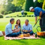 En familie nyder en picnic på en frodig velholdt græsplæne mens en professionel anlægsgartner passer græsset i baggrunden